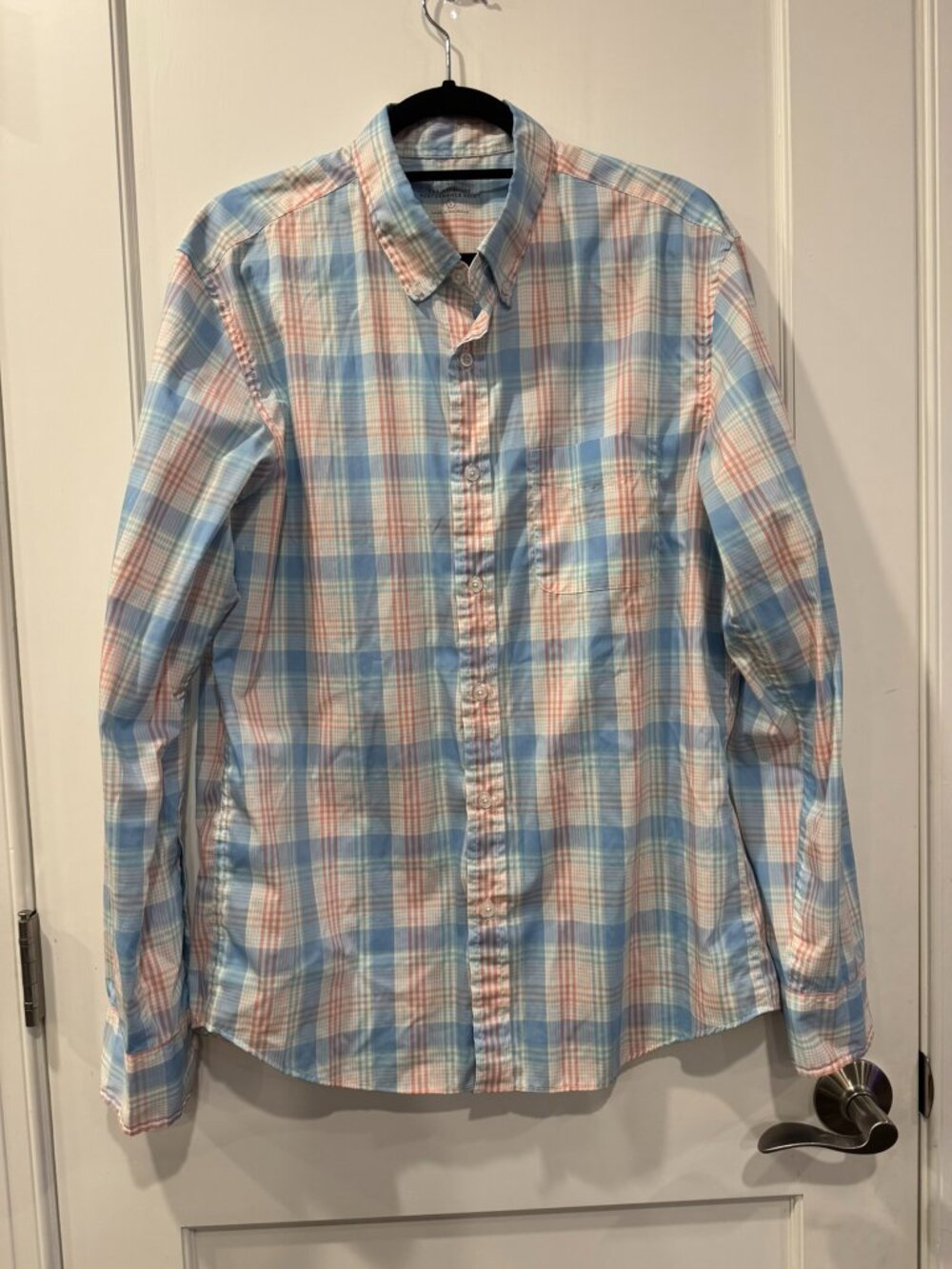J. Crew Offshore Performance Blue and Peach Plaid Long Sleeve Button Down Shirt